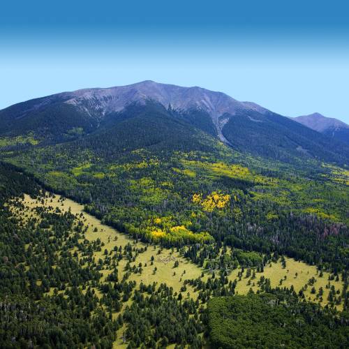 aerial view of humphrey peak on a sunny fall day in Flagstaff, AZ