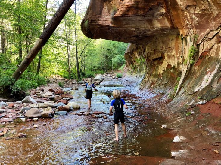 Children walk in water at West Fork in Oak Creek Canyon, Flagstaff, Arizona