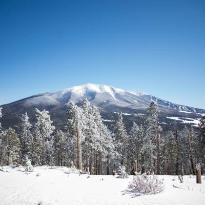 A mountain in Flagstaff, AZ covered in fresh snow during winter
