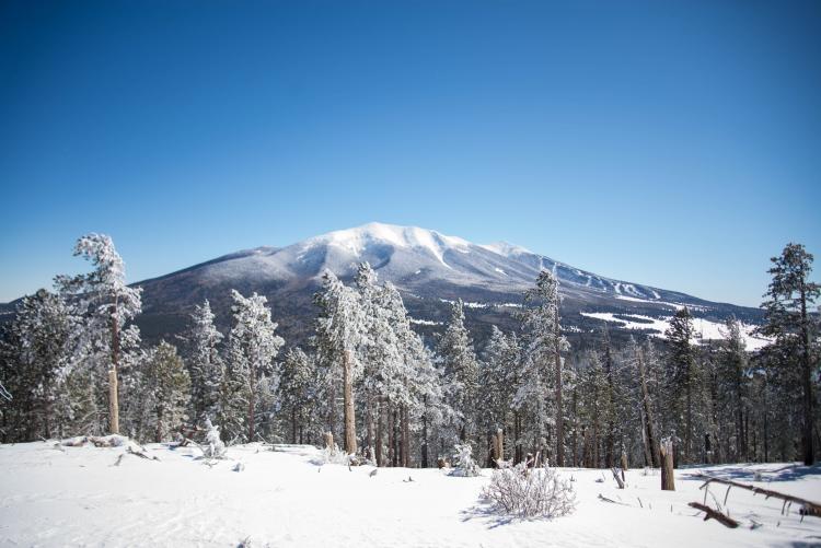 A mountain in Flagstaff, AZ covered in fresh snow during winter